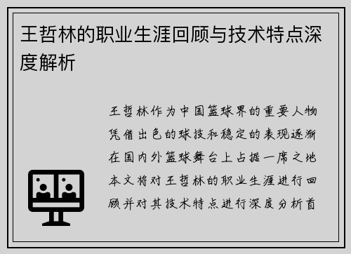 王哲林的职业生涯回顾与技术特点深度解析 王哲林的职业生涯回顾与技术特点深度解析